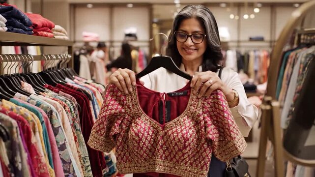 A woman browses clothing racks in a boutique, examining a garment, smiling