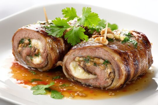 Juicy Lamb Roulades Stuffed Roasted Eggplant Slices Gourmet Meat Food