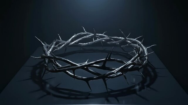 Dark artistic crown of thorns symbolizing sacrifice and suffering on a black reflective surface with dramatic lighting