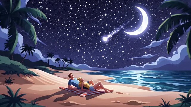 Romantic couple watches shooting star on tropical beach at night