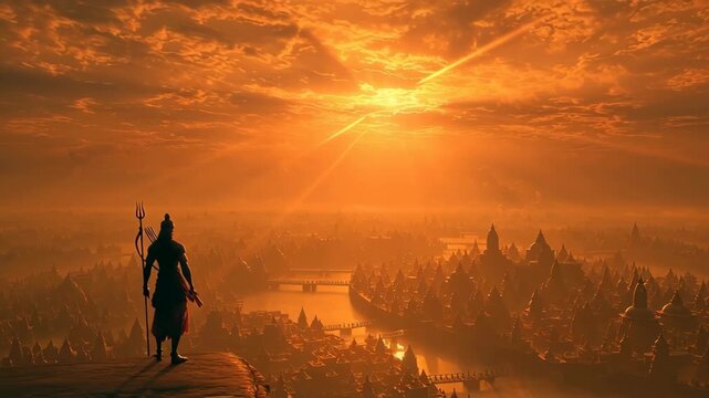 Majestic silhouette of Lord Rama overlooking the ancient city of Ayodhya during a vibrant sunset  capturing divine serenity and spiritual symbolism for Ram Navami celebrations