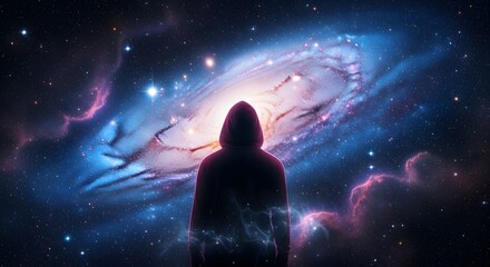 Obraz premium Silhouette of a person in a hooded jacket standing before a vast, swirling galaxy in deep space, gazing at the cosmos.