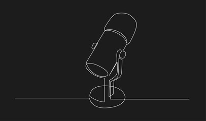 Continuous One Line Art Drawing of a Modern Studio Microphone. Minimalist Vector Illustration of Sound Recording Equipment on a Black Background.
