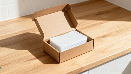 Cardboard box with blank paper sheets on wooden table in bright sunlight