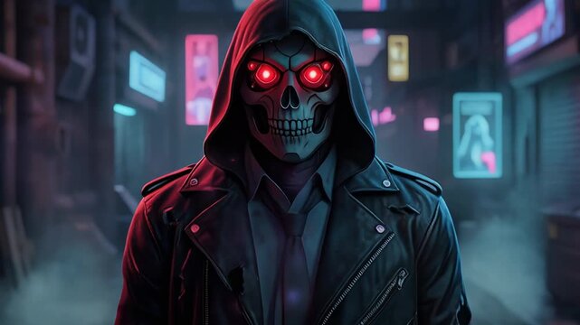 Cyberpunk skeleton figure with glowing red eyes in dark urban neon alley at night
