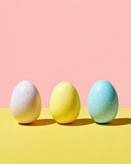 Obraz premium Pastel Easter Eggs on Yellow Surface with Pink Backdrop, Spring Time Treat
