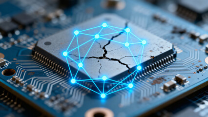 Cracked Microchip with Digital Network Overlay Representing Technology and Data Strain