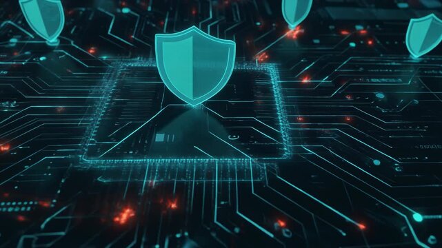 Digital cybersecurity concept with glowing shields protecting computer circuits and data connections