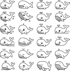 Fototapeta premium Collection of Cute Cartoon Whales with Various Expressions and Poses, Stock Media