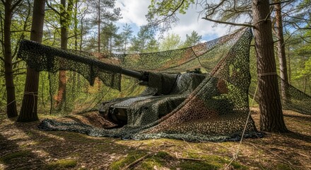 Obraz premium Camouflaged military tank hidden among trees in a dense forest, featuring a long barrel and protective netting. Heavy military tank positioned for stealth operation,