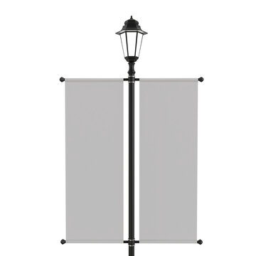 3d render Classic black street lamp with two blank vertical banners. Isolated mockup for outdoor advertising, event promotion, and branding signage