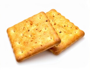 Two crisp golden savory crackers featuring small holes and subtle speckles, gently overlapping each other on a pristine bright white background, ready for a delicious snack enjoyment