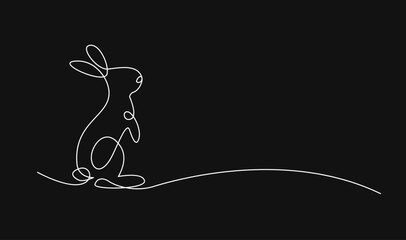 Continuous Line Art of a Minimalist White Rabbit Standing on a Black Background
