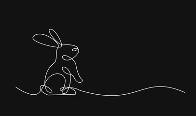 Continuous Line Drawing of a Sitting Rabbit, Minimalist White Outline Animal Art on Black Background