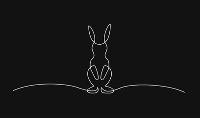 Continuous Line Drawing of a Sitting Rabbit on Black Background, Minimalist Abstract One Line Art