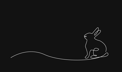 Minimalist Continuous Line Art Drawing of a Sitting Rabbit on a Black Background, Elegant Animal Design