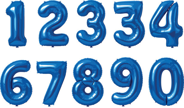 Blue foil balloon numbers set zero to nine isolated on white background for birthday celebration vector illustration