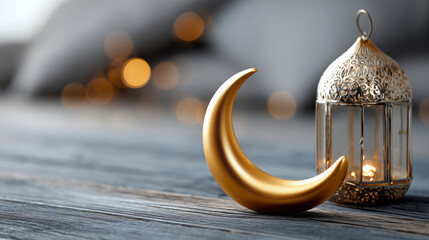 Aesthetic shot of a golden crescent moon decoration glowing softly on a dark wooden surface next to an ornate lantern, Islamic Calendar Symbolism, dreamy bokeh background, peaceful