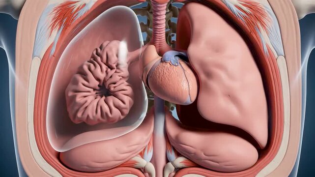 Collapsed Lung From Air Trapped in Chest Cavity Showing Pressure Buildup Deflation and Asymmetric Breathing in Detailed Anatomy