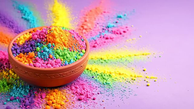 Colorful Holi powder in clay bowl with bright vibrant colors scattered on purple background for festival celebration