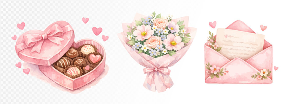 Romantic gift set with heart shaped box of chocolates, bouquet of flowers and envelope with letter, love themed composition in soft pink tones and tender celebration mood