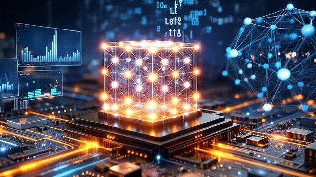 Futuristic glowing cube processor with neural network data flow and circuits in AI technology background