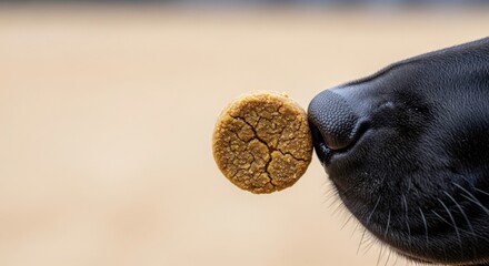 Naklejka premium Dog treat presented close to black dog's nose, showing pet's curious investigation of delicious snack. Healthy dog treat designed for training and rewarding good behavior.
