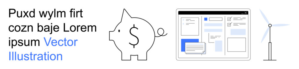 Financial management, renewable energy, digital tools, savings, technology integration, innovation. A piggy bank, a wind turbine and an online interface. Financial management and renewable energy