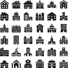 Obraz premium Building Icons Set - Black and White Icon Collection, Vector Illustration
