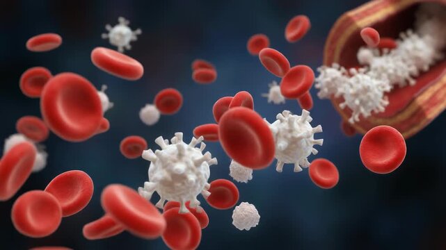 Close up 3D illustration of red blood cells and white blood cells flowing through a blood vessel in human body