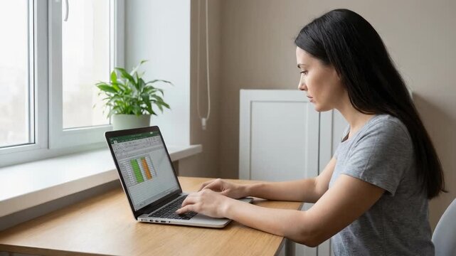 Young woman working on laptop with spreadsheet data in bright modern home office near window
