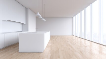Fototapeta premium Bright Modern Kitchen Interior with Large Windows and Wooden Flooring