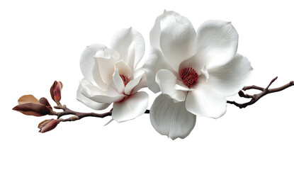 Two pristine white magnolia blossoms on a dark, elegant branch with subtle reddish-brown buds