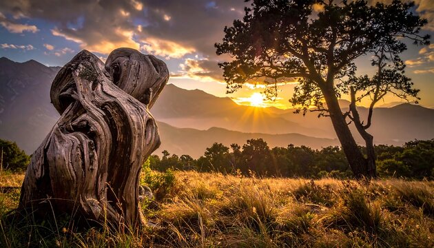 Dramatic sunset over mountain range with tree and textured wood foreground