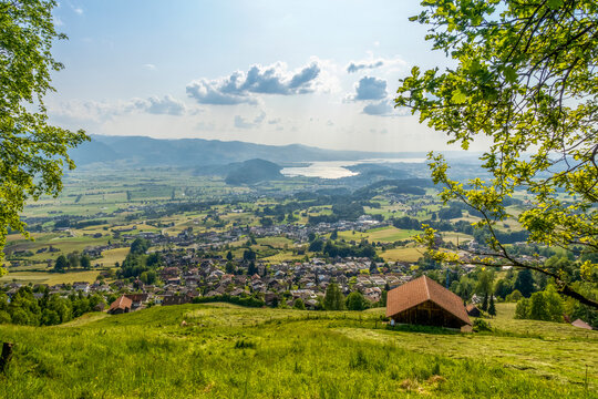 Scenic view of Gommiswald village with Lake Zurich and Obersee in Switzerland