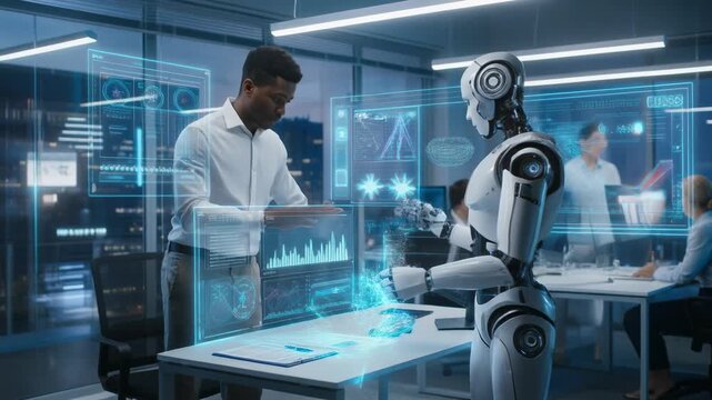 Futuristic businessman collaborating with advanced robot using holographic data screens in modern office