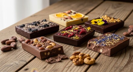 Artisan Chocolate Bars Assortment with Nuts, Dried Fruits & Flowers on Wooden Table