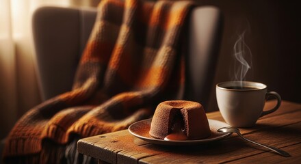 Cozy chocolate lava cake with hot coffee, warm blanket in armchair, autumn comfort