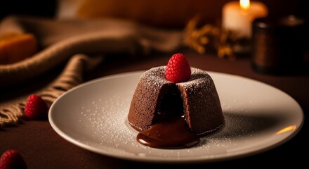 Decadent Chocolate Lava Cake with Raspberry and Powdered Sugar
