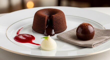 Gourmet Chocolate Lava Cake with Raspberry Coulis and Truffle