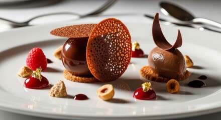 Gourmet Chocolate Dessert Plated with Raspberry and Hazelnut