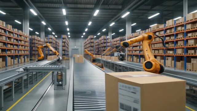 Automated warehouse with robotic arms sorting packages on conveyor belts in modern distribution center