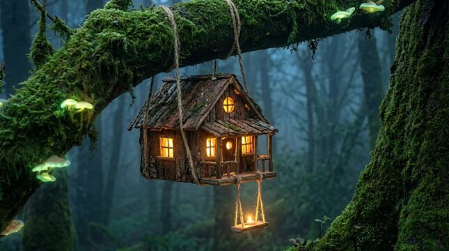 Enchanting miniature woodland dwelling suspended on mossy branch with glowing mushrooms and tiny swing.