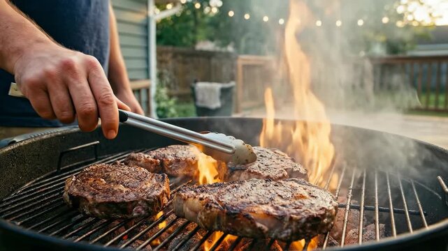 Close up of a man using tongs to flip juicy steaks on a backyard charcoal grill with bright orange flames and evening bokeh lights