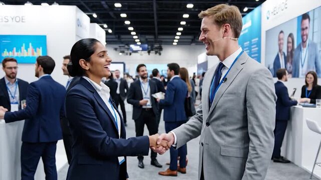 Two professionals in suits shake hands at a crowded business conference, smiles present