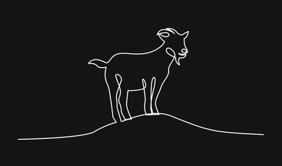 Continuous Line Drawing of a Goat Standing on a Hill. Minimalist White Line Art Illustration.