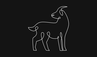 Continuous Line Drawing of a Goat with Horns. Minimalist Single Stroke Animal Art on Black Background.
