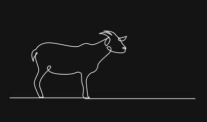 Minimalist One Line Art Drawing of a Standing Goat on Black Background. Continuous Stroke Vector Illustration of a Farm Animal.