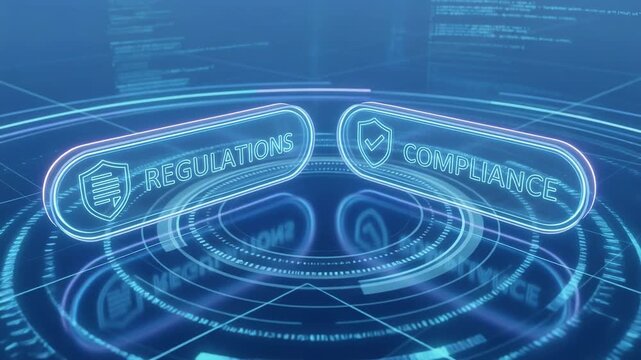 Blue futuristic digital concept of regulations and compliance with holographic interface and security icons