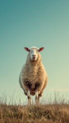 Single woolly sheep in a dry grass field under blue sky